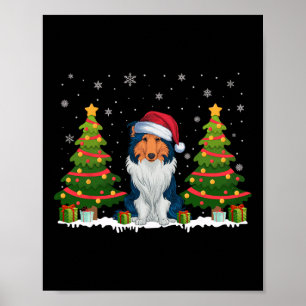 Poster Xmas Tree Light Rough Collie Dog Santa Hat Natal