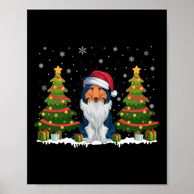 Poster Xmas Tree Light Rough Collie Dog Santa Hat Natal (Frente)