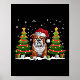 Poster Xmas Tree Lights Inglês Bulldog Santa Hat Natal