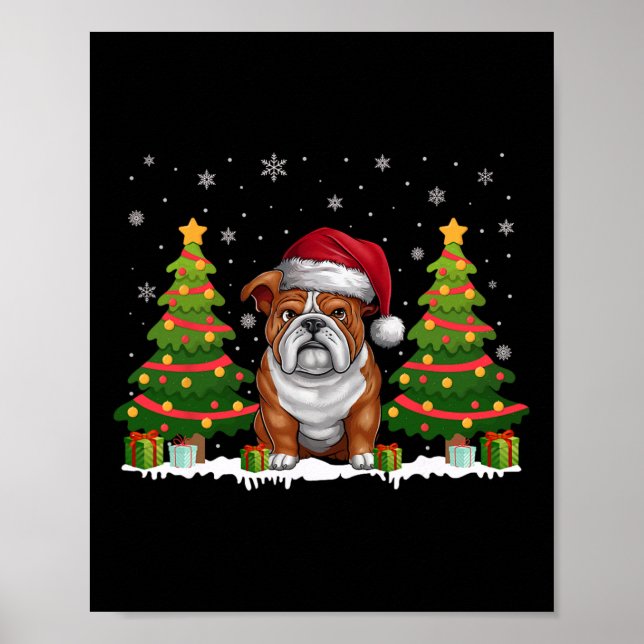 Poster Xmas Tree Lights Inglês Bulldog Santa Hat Natal (Frente)