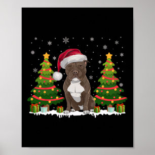 Poster Xmas Tree Lights Pitbull Dog Santa Hat Natal S