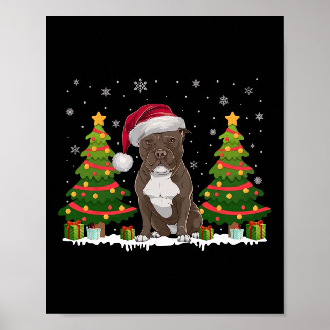 Poster Xmas Tree Lights Pitbull Dog Santa Hat Natal S (Frente)