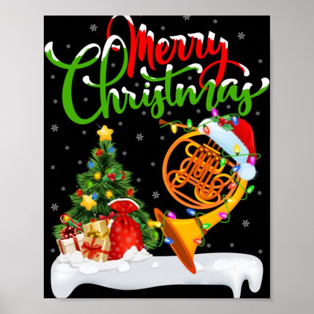 Poster Xmas Tree Lights Santa Hat Musical French Horn Chr (Frente)