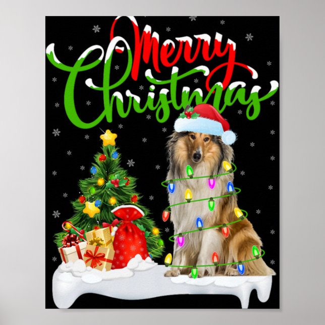Poster Xmas Tree Lights Santa Hat Rough Collie Dog Christ (Frente)
