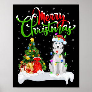 Poster Xmas Tree Lights Santa Hat Siberian Husky Chri