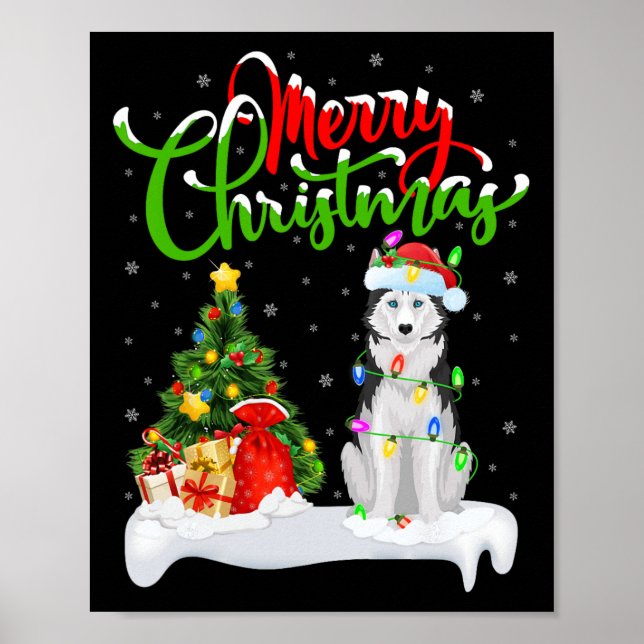 Poster Xmas Tree Lights Santa Hat Siberian Husky Chri (Frente)