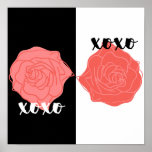 Poster XOXO Peach Flower Love<br><div class="desc">Digital illustration of two-toned peach rose with black handwritten text of XOXO as  hugs and kisses of love.</div>