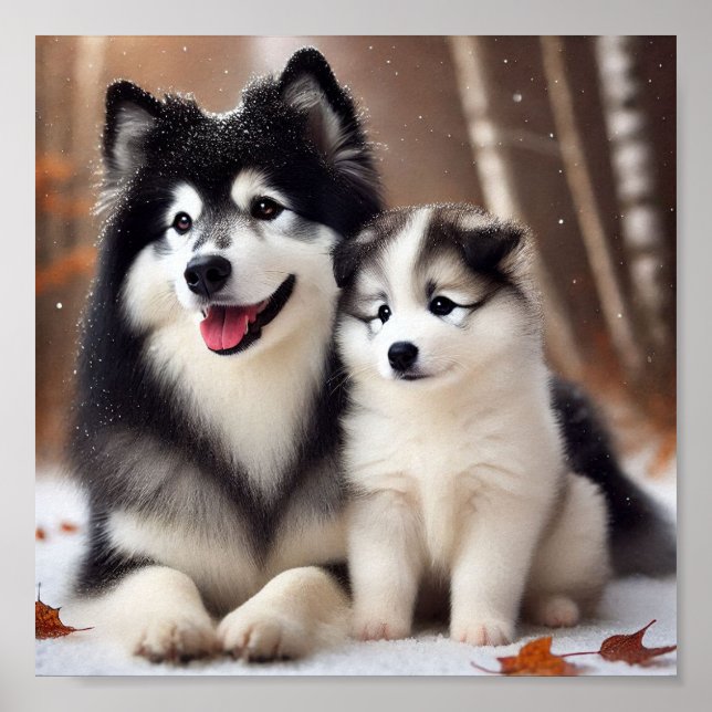 Poster Yakutian Laika cão mãe e seu cachorrinho (Frente)