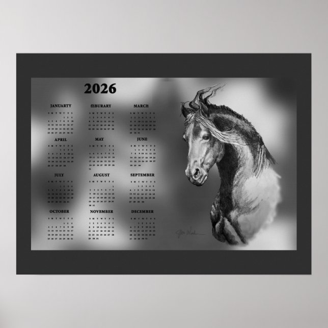 Poster Yearly Calendar Beautiful Stallion Horse (Frente)