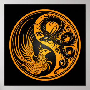 Pôster Yellow and Black Dragon Phoenix Yin Yang