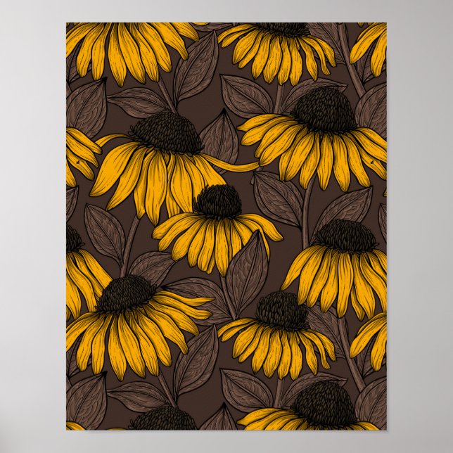 Poster Yellow coneflowers on dark brown (Frente)