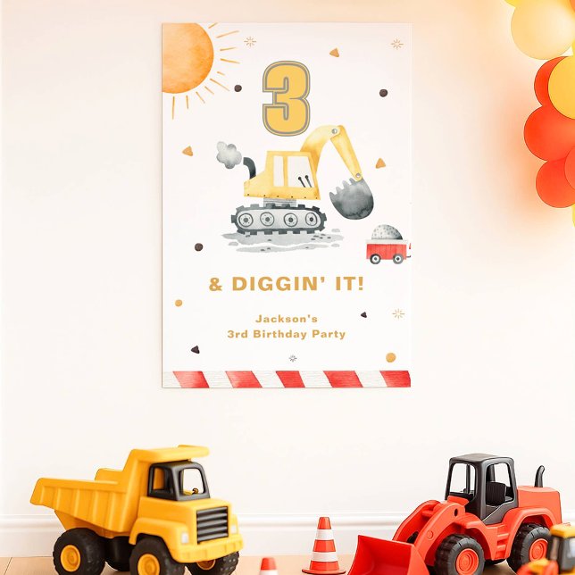 Poster Yellow Construction Digger Brithday Party Welcome (Criador carregado)
