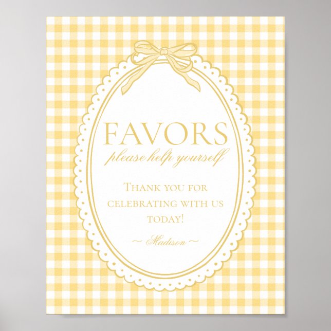 Poster Yellow Gingham Coquette Bow Favors Sign (Frente)