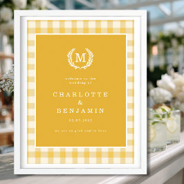 Poster Yellow Gingham Monographic Crest Casamento Bem-vin