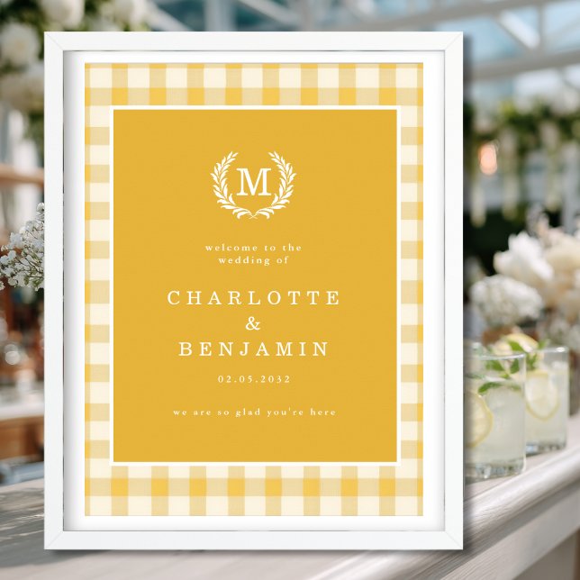 Poster Yellow Gingham Monographic Crest Casamento Bem-vin (Yellow Gingham Monogram Crest Wedding Welcome Poster)