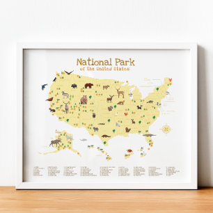 Poster Yellow National Park Map Woodland Nursery Impressã