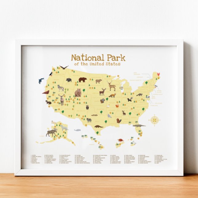 Poster Yellow National Park Map Woodland Nursery Impressã (Yellow National Park Map Woodland Nursery Print)