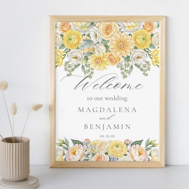 Poster Yellow Peach Flowers Sage Greenery Wedding Welcome (Criador carregado)