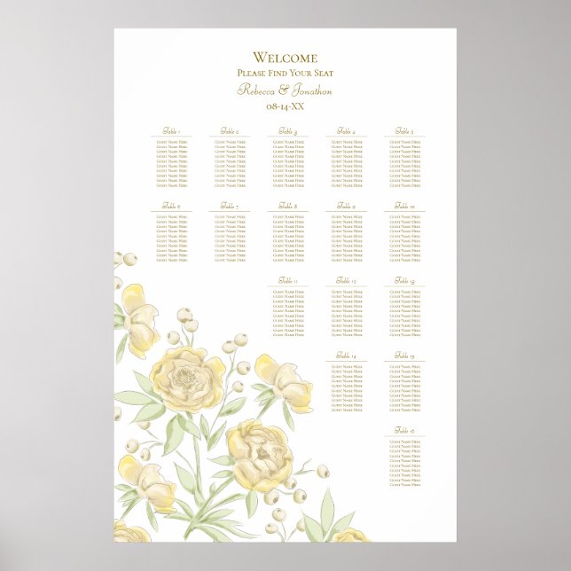 Poster Yellow Rose Wedding Seating Chart (Frente)