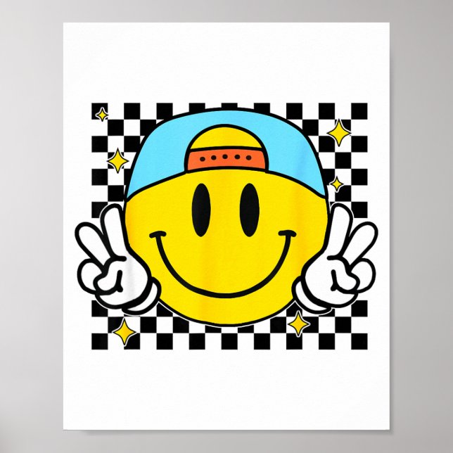 Poster Yellow Smile Face Cute Checkered Peace Smiling Hap (Frente)