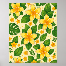 Poster Yellow Tropical Flowers with Lush Green Leaves