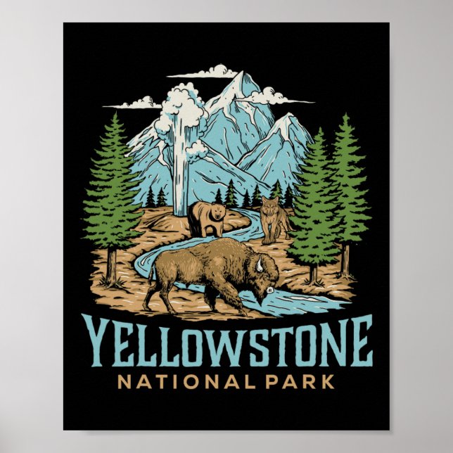Poster Yellowstone USA National Park Wolf Bison Bear Vint (Frente)