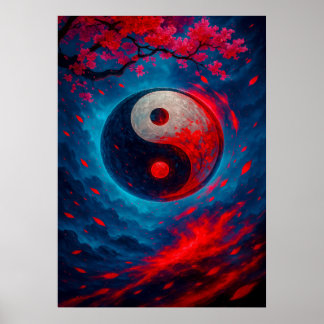 Poster Yin Yang Cósmico com Cherry Blossoms Fantasy