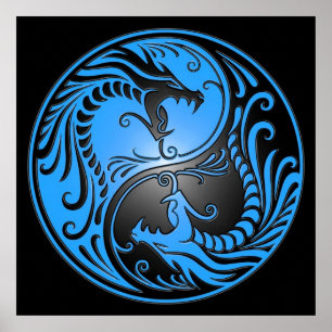 Pôster Yin Yang Dragon, azul e preto