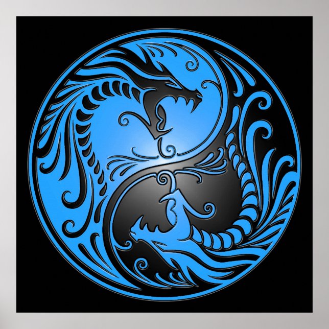 Pôster Yin Yang Dragon, azul e preto (Frente)