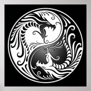 Pôster Yin Yang Dragon, branco e preto
