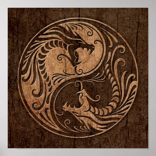 Pôster Yin Yang Dragon com efeito de grão de madeira (Frente)