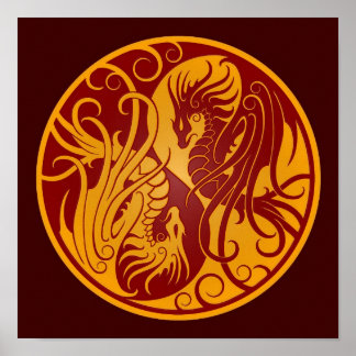 Pôster Yin Yang Dragon, Voador Amarelo e Vermelho