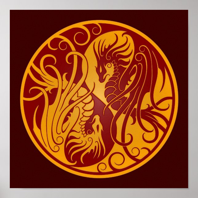 Pôster Yin Yang Dragon, Voador Amarelo e Vermelho (Frente)
