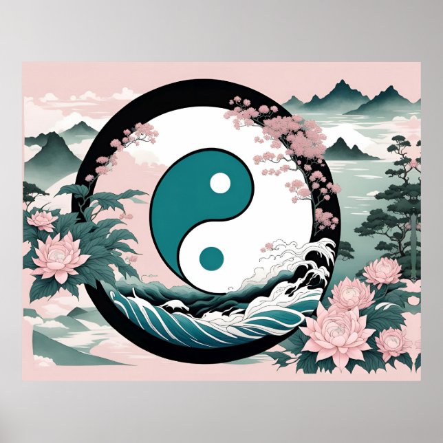 Poster Yin Yang, Floral Mountain Pink Sage Teal (Frente)
