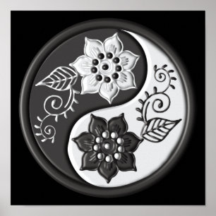 Poster Yin Yang Floral Preto e Prata