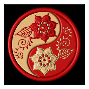 Pôster Yin Yang Floral Vermelho e Dourado