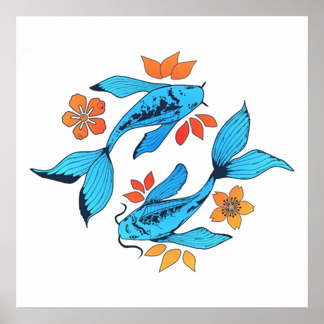 Poster Yin Yang Koi Fish Blue (Frente)