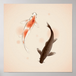 Poster Yin Yang Koi pesca na pintura oriental do estilo