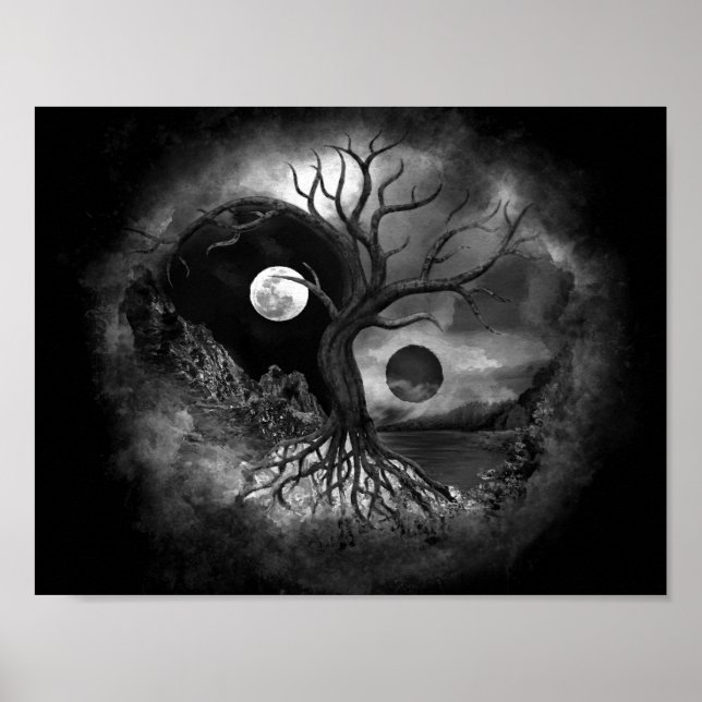 Poster Yin Yang Tree Landscape Black and White (Frente)