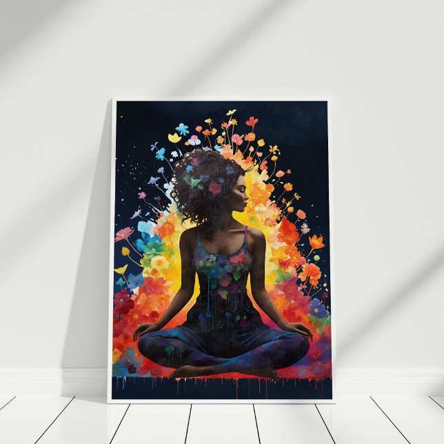 Poster Yoga Girl Meditting Flowers Universo (Yoga Girl Meditating Flowers Universe Poster in white frame against white wall.)
