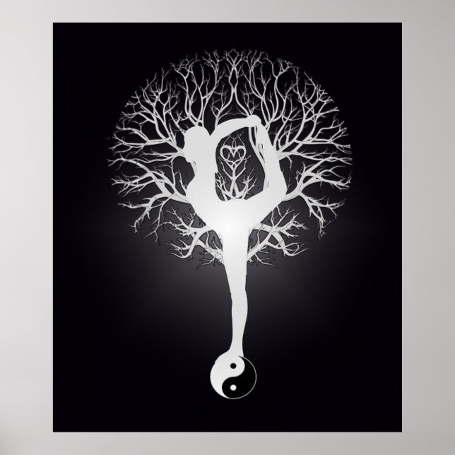 Poster Yoga preto e branco com mulher e yin yang. (Frente)