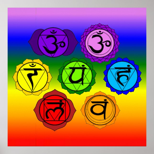 Pôster Yoga Reiki Seven Chakras Símbolos Rainbow BG Poste (Frente)