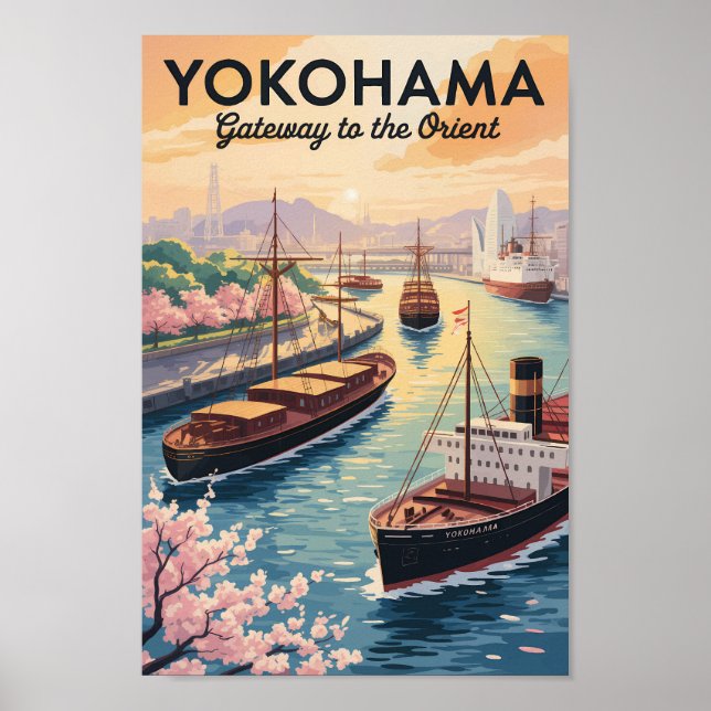 Poster Yokohama Japan Illustration Travel Art Vintage (Frente)