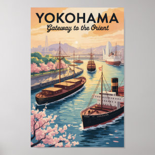 Poster Yokohama Japão Ilustração Arte de Viagem Vintage