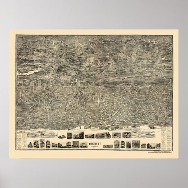 Pôster Yonkers, Novo Mapa Panorâmico - 1899 (Frente)