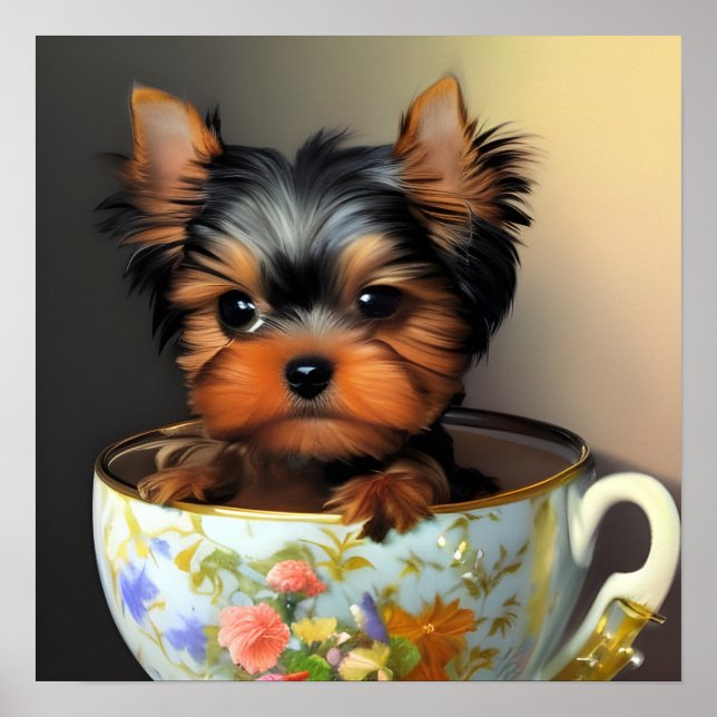 Poster Yorkie Adorável Em Uma Pintura Digital Teacup (Frente)