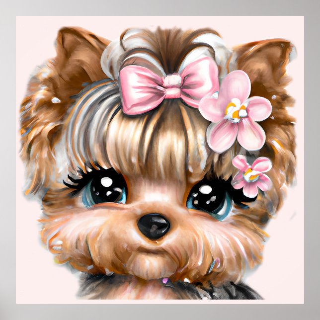 Poster Yorkie bonito com um Arco rosa (Frente)