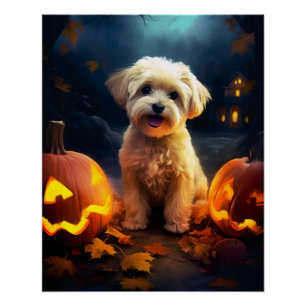 Pôster Yorkipoo do Halloween Com Pumpkins Assustado