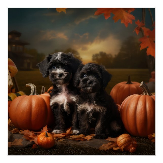 Pôster Yorkipoo Puppy Autumn Delight Pumpkin (Frente)