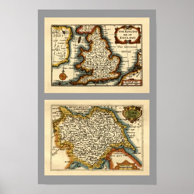 Pôster Yorkshire County Map, Inglaterra (Frente)